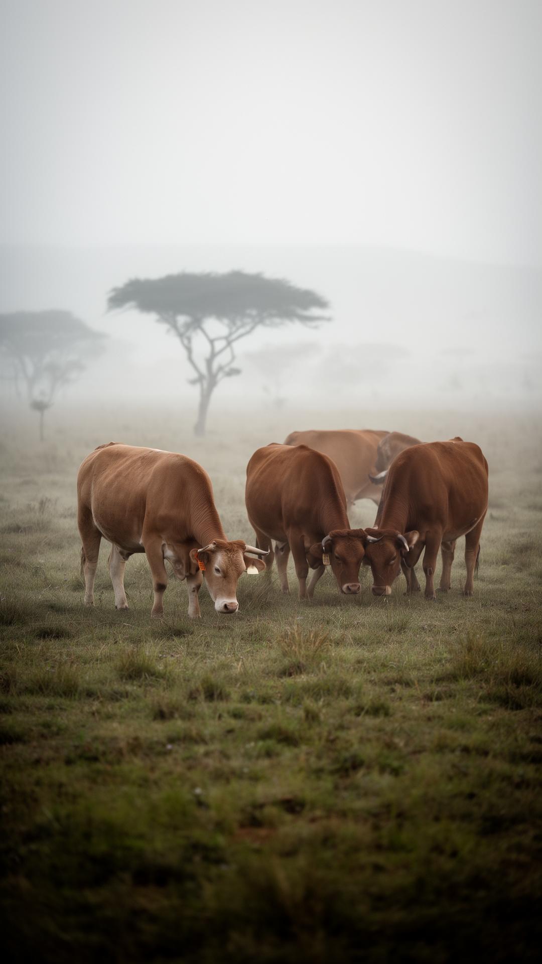 Cattle grazing in soft highveld mist with a single acacia tree on the horizon