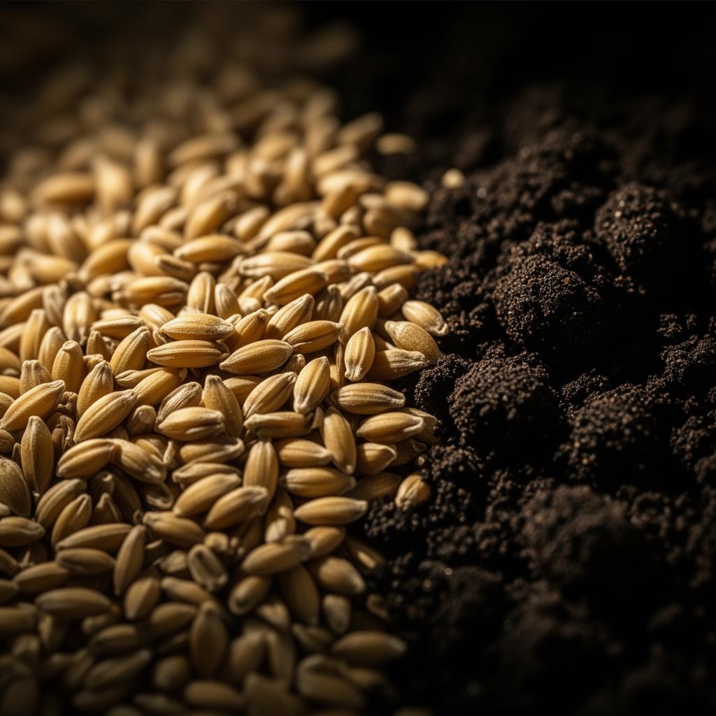 Macro photograph of golden grain and dark friable soil meeting in side light